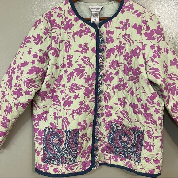 French Flair Womens Floral Pockets Quilted Button Up Scalloped Edges Jacket L - Picture 2 of 11
